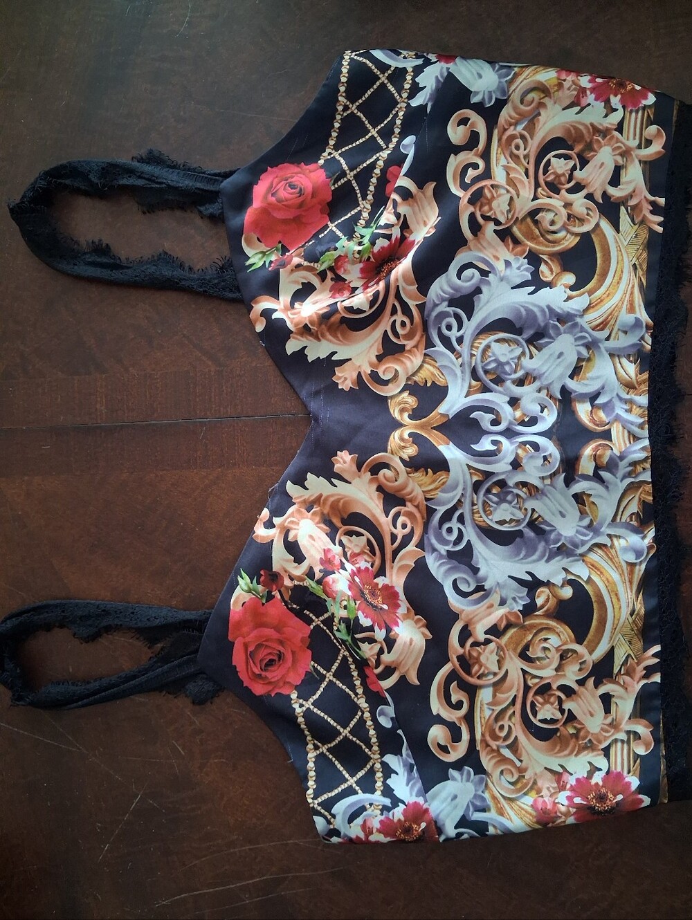 Marciano Black Satin Bralette with Red Rose & Gold Baroque Print